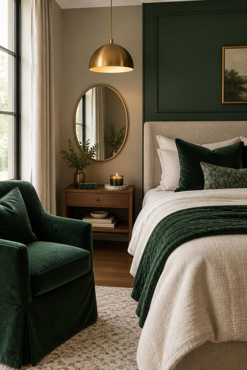 Cozy bedroom with green velvet armchair, bed, and stylish decor.