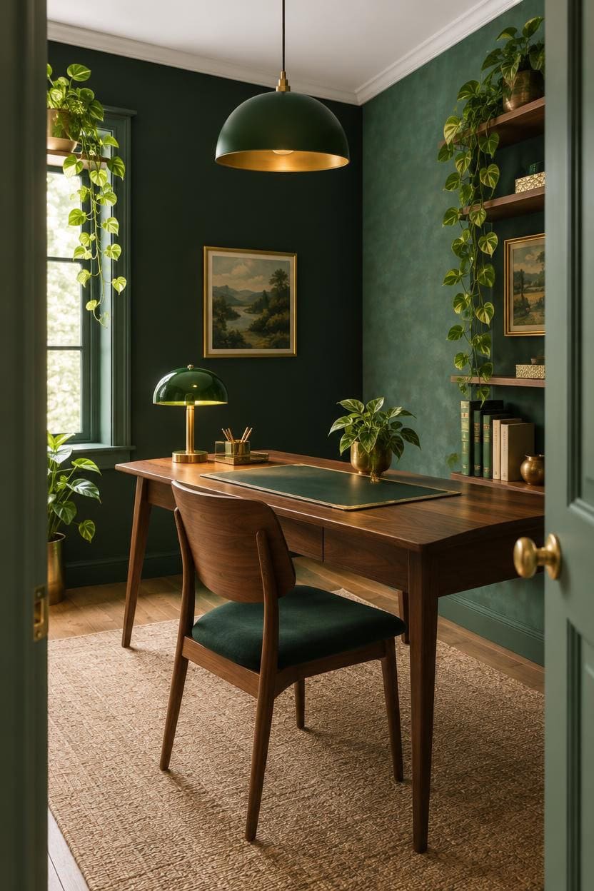 Stylish home office with green walls, wooden desk, and lush plants.