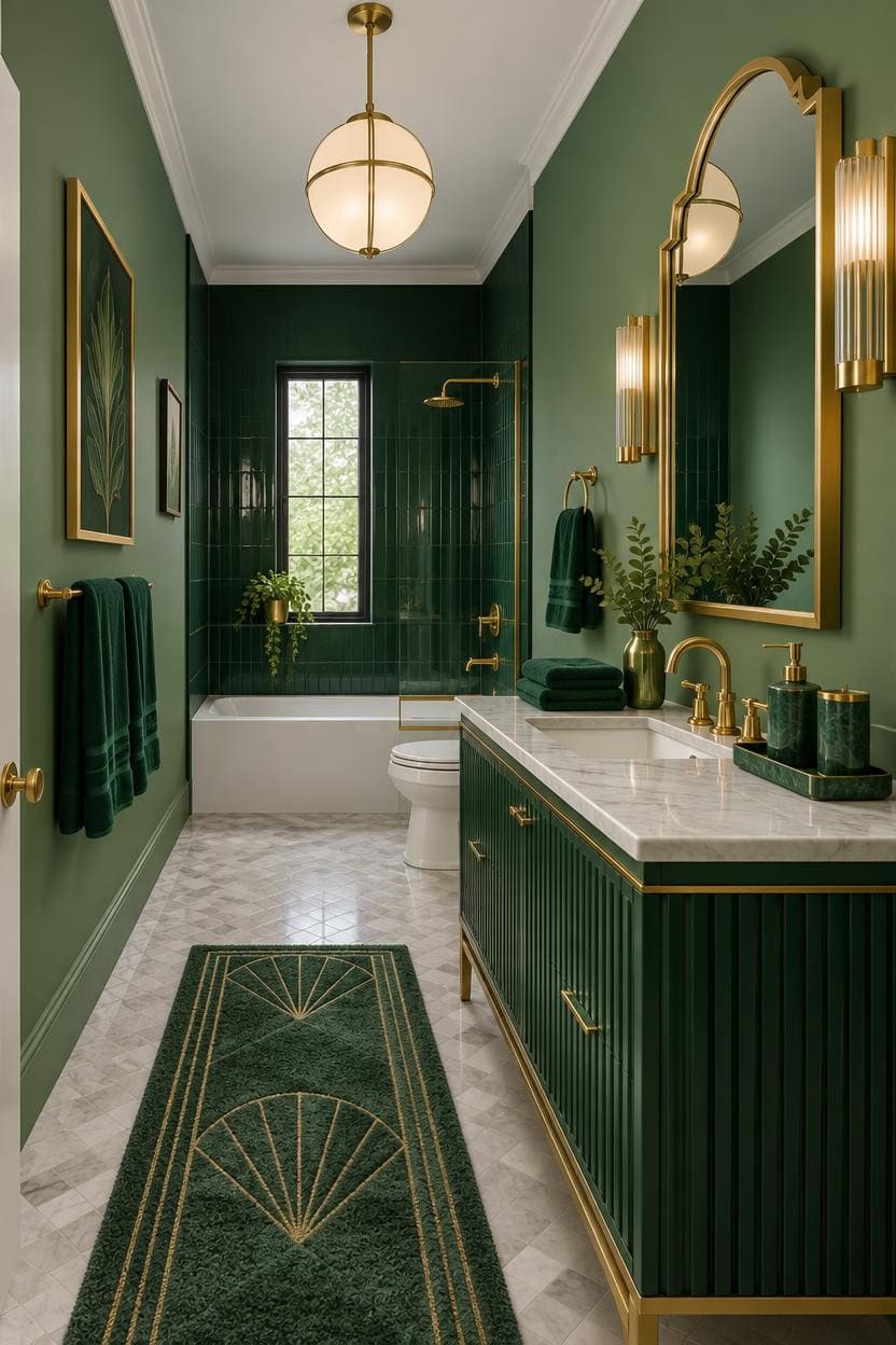Luxurious green bathroom with gold fixtures, marble countertop, and stylish decor.