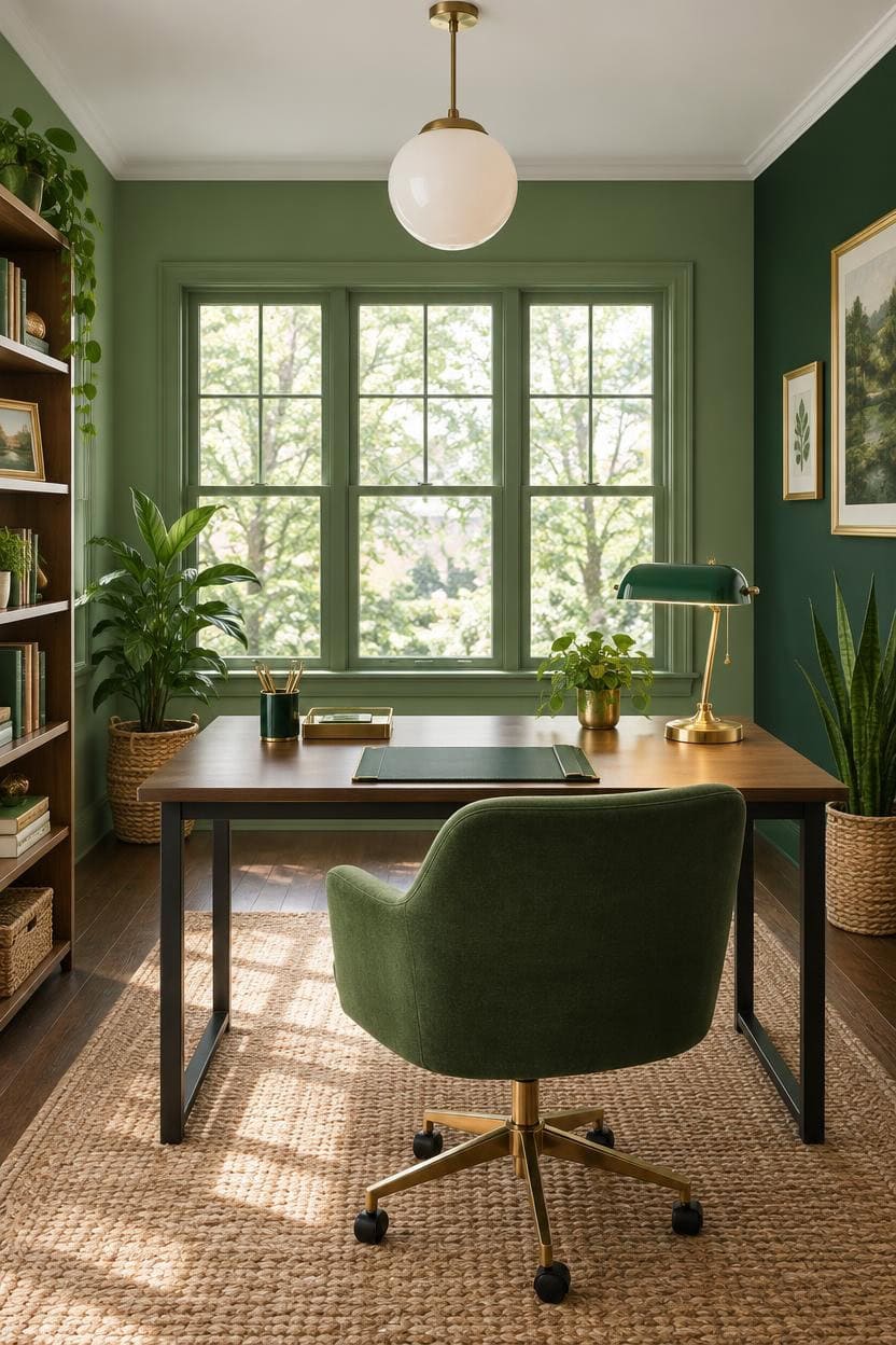 Home office with green walls, large window, and wooden desk with green chair.