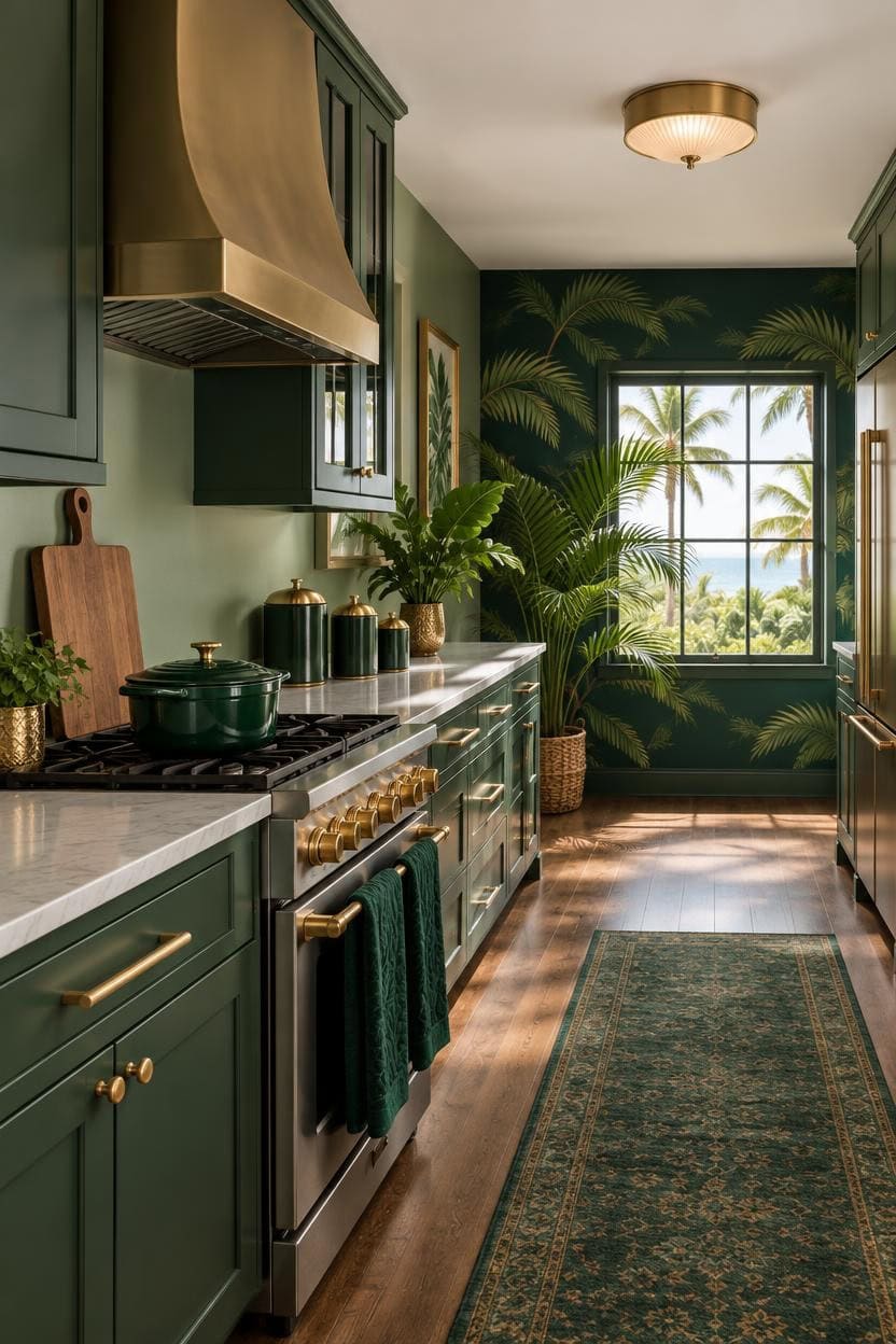 Stylish green kitchen with tropical plants and ocean view through window.