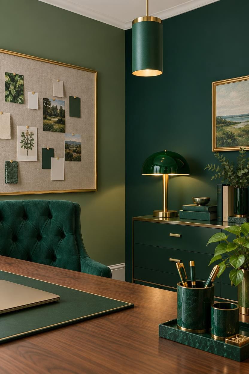 Stylish green-themed interior with artwork, desk, and decorative items.