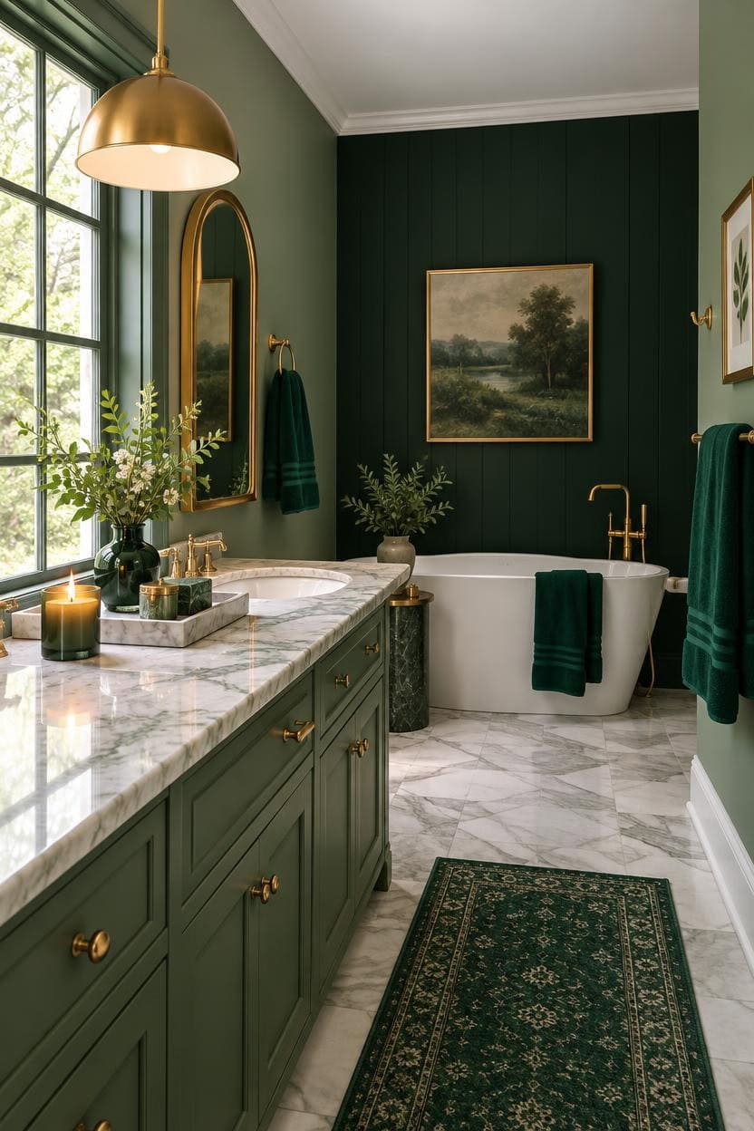 Stylish green bathroom with bathtub, marble countertop, and gold accents.