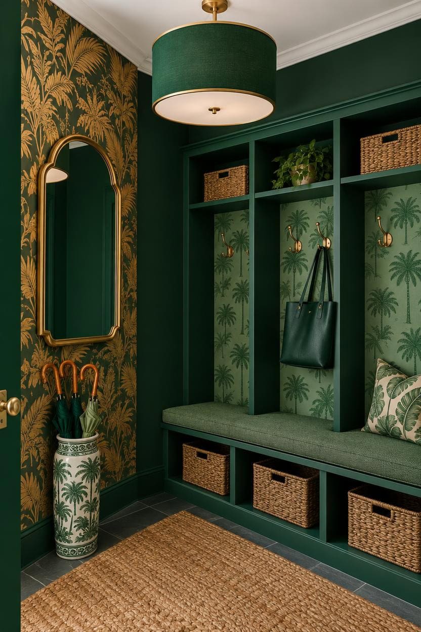 Elegant green entryway with built-in storage and palm wallpaper.
