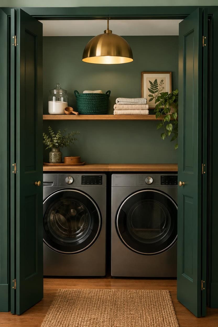 Contemporary laundry room with green cabinets, washer and dryer, and decorative shelves.
