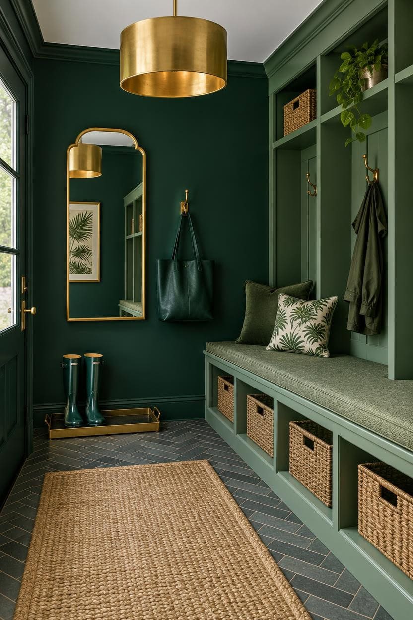 Modern entryway with green walls, built-in storage, and gold accents.
