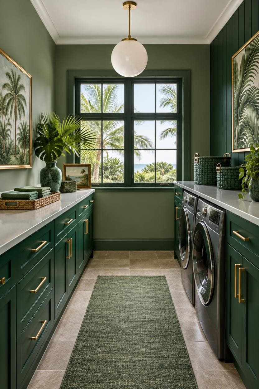Modern laundry room with green cabinets, large window, and tropical decor.