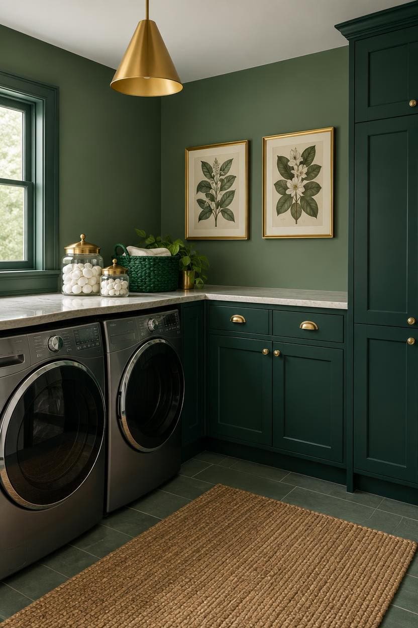 Modern laundry room with green cabinets, gold pendant light, and botanical art.