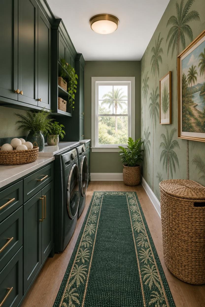 Charming laundry room with green cabinets, palm wallpaper, and natural light.