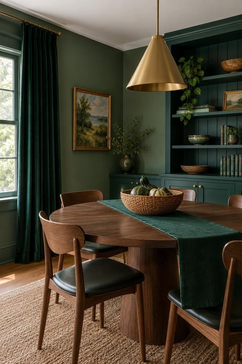 Stylish dining room with green walls, wooden table, and gold pendant light.
