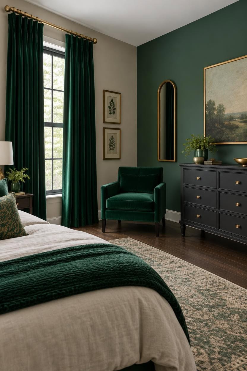 Stylish bedroom with green curtains, armchair, and dark dresser.
