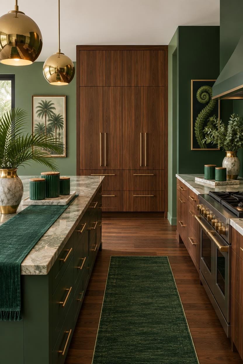 Stylish kitchen with green walls, wooden cabinets, and gold accents.
