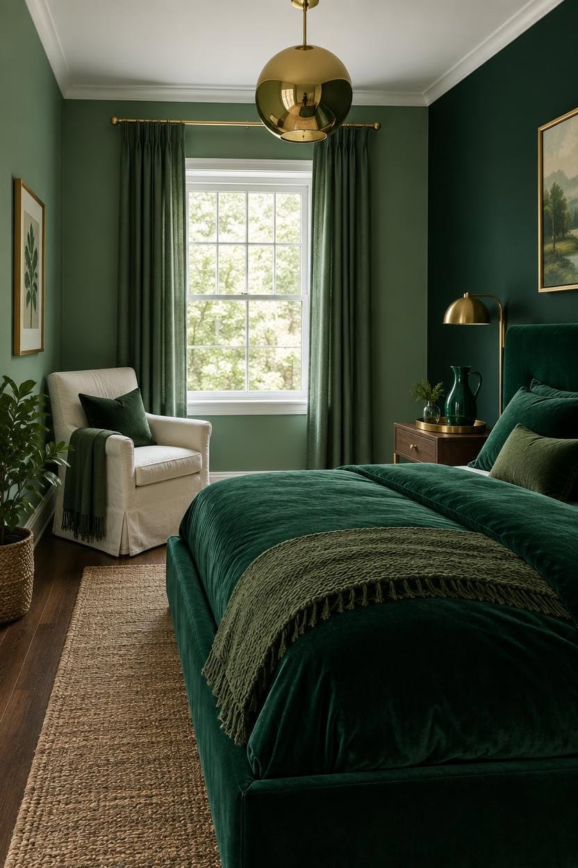 Stylish bedroom with green walls, velvet bed, and natural sunlight from window.