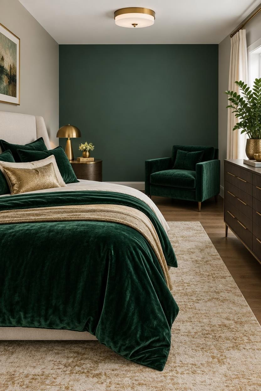 Stylish bedroom with green velvet bedding and modern decor.