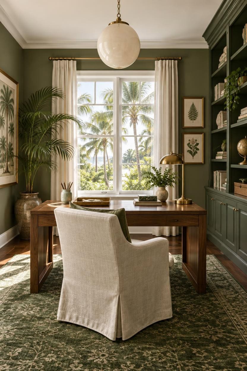 Bright home office with large window, green walls, and wooden desk.