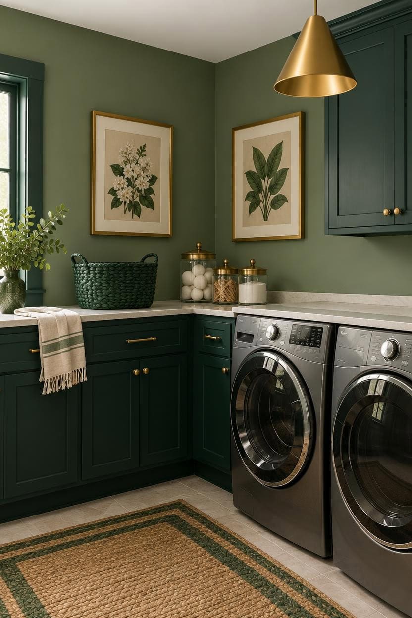 Contemporary laundry room with green cabinets, washer and dryer, and decorative wall art.