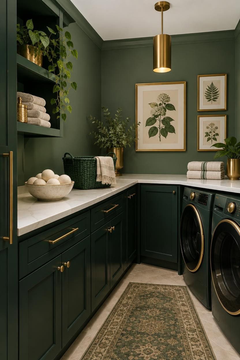 Stylish laundry room with dark green cabinets, botanical artwork, and modern washer and dryer.