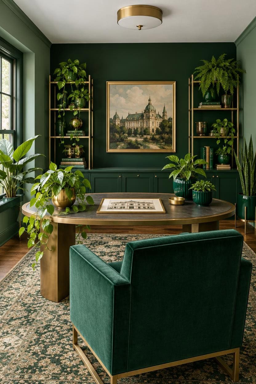 Stylish green room with bookshelves, artwork, and lush plants.