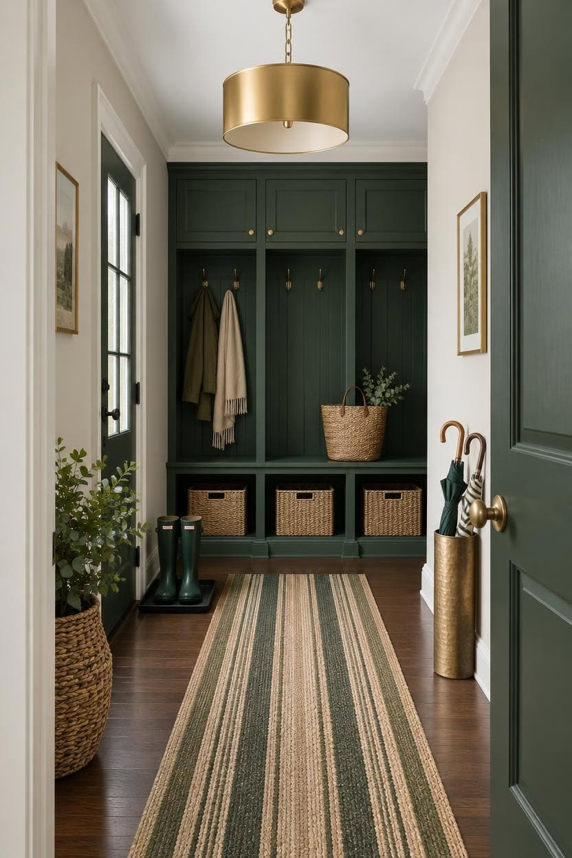 Elegant green mudroom with hooks, baskets, and decor for apartment entryway.