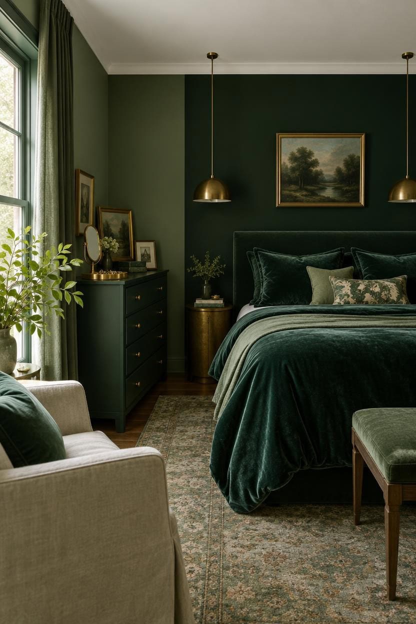 Luxurious bedroom with dark green walls, velvet bedding, and gold accents.