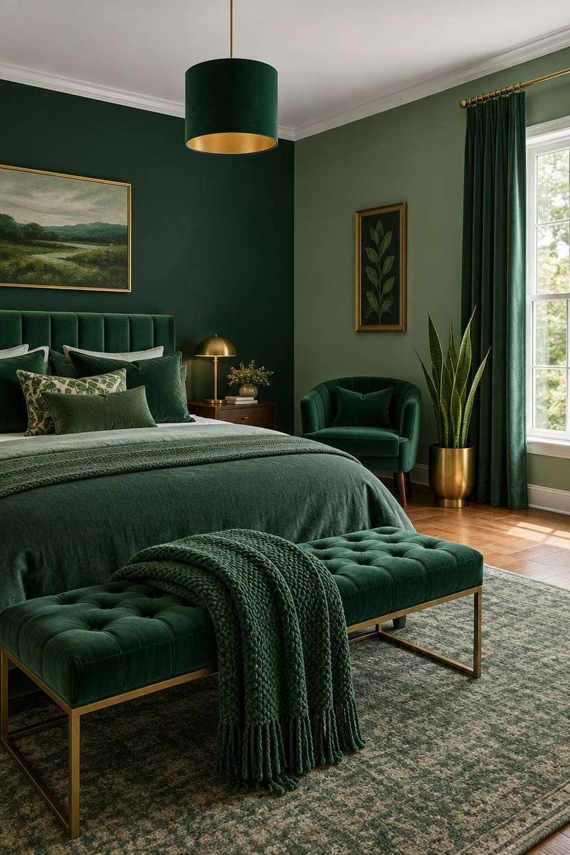 Stylish bedroom with green walls, velvet furniture, and natural light from window.