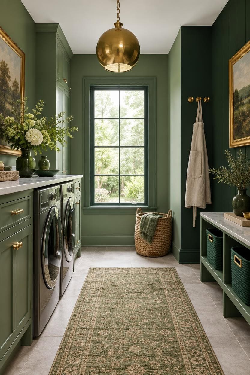Stylish laundry room with green cabinetry, gold pendant light, and large window.