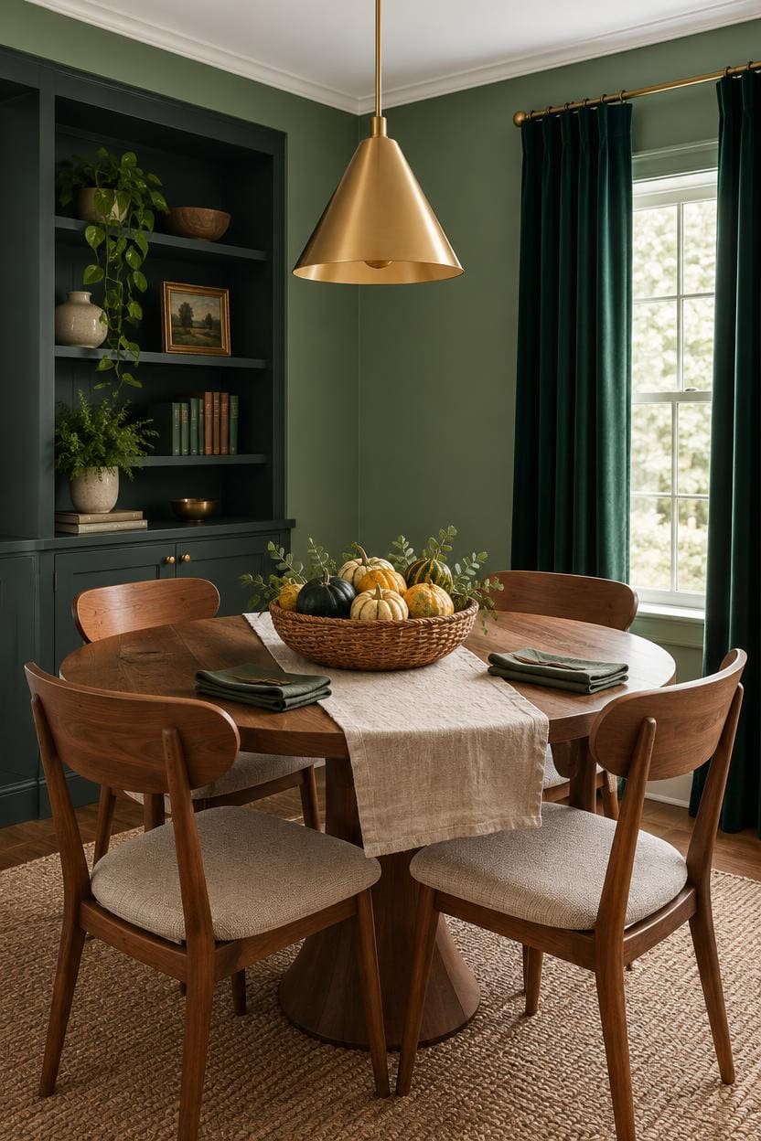 Cozy dining room with green walls, wooden table, and natural light from window.