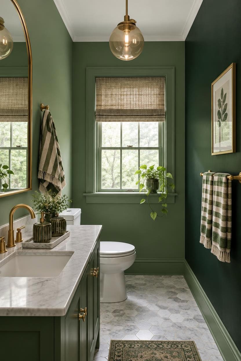 Stylish green bathroom with marble countertop, gold fixtures, and natural light from window.