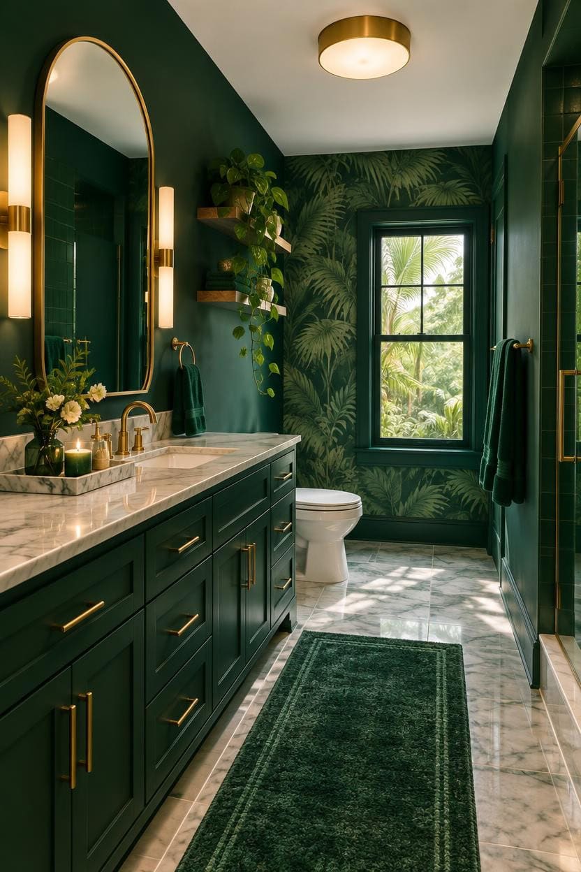 Stylish bathroom with green walls, gold fixtures, and tropical plant accents.