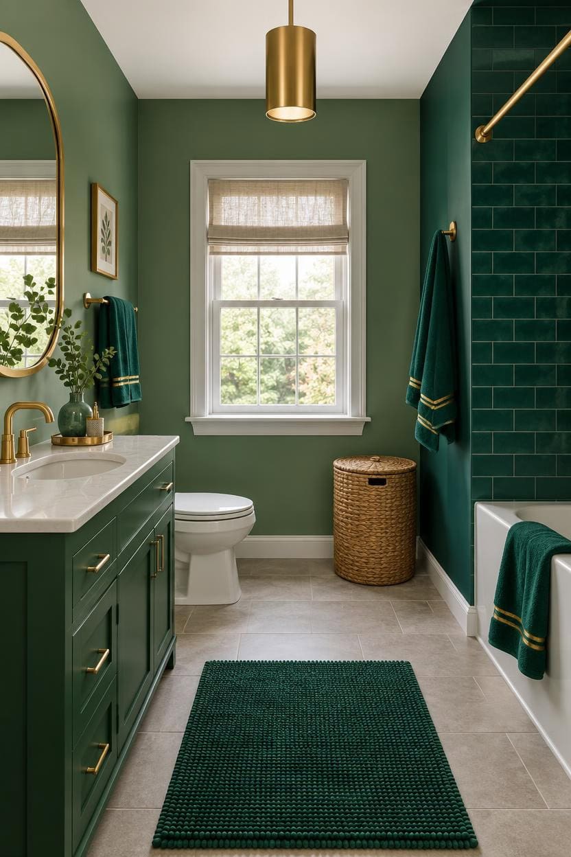 Stylish bathroom with green walls, gold fixtures, and a bathtub with matching towels.