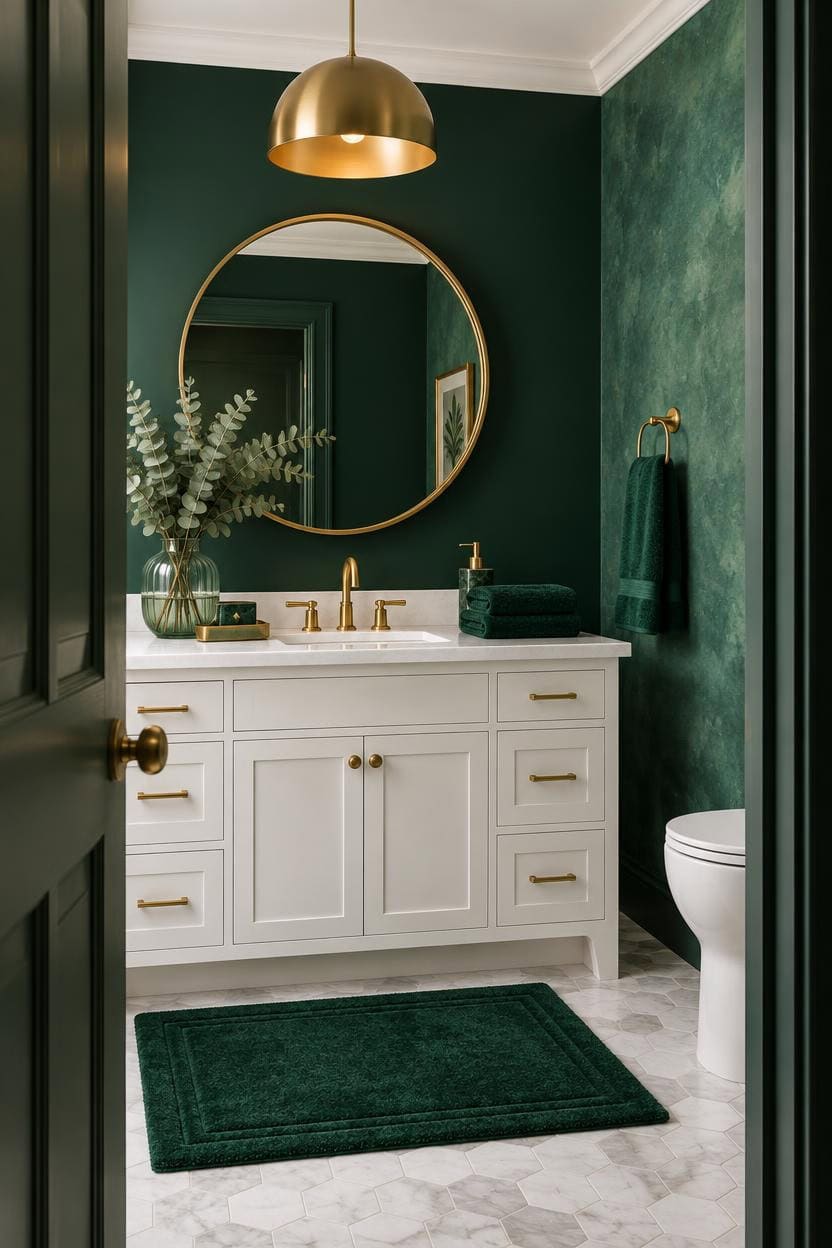 Stylish bathroom with green walls, gold fixtures, and white vanity.