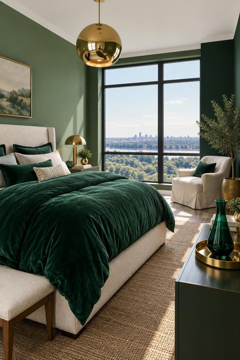 Elegant bedroom with green walls, plush bedding, and city skyline view.