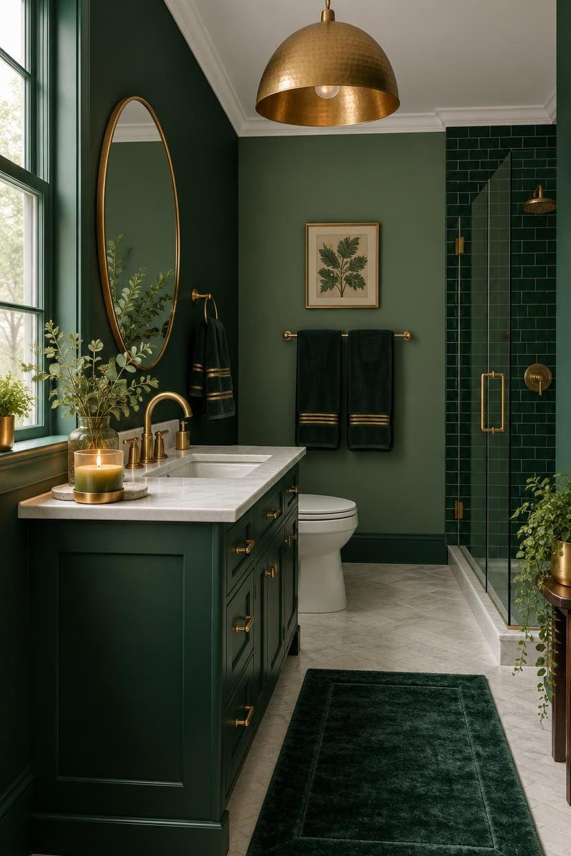 Stylish green bathroom with gold fixtures, mirror, and shower enclosure.