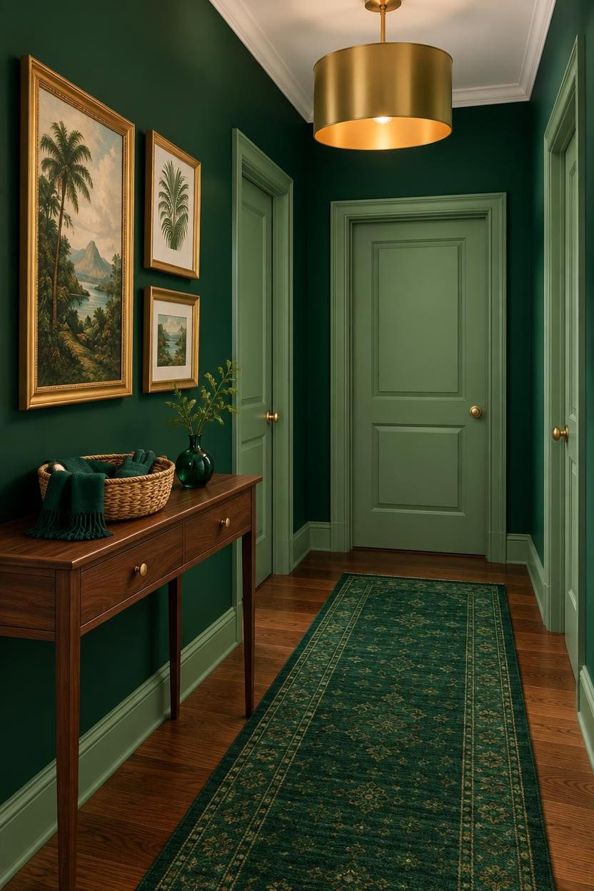 Stylish green hallway with framed artwork, wooden console, and gold ceiling light.