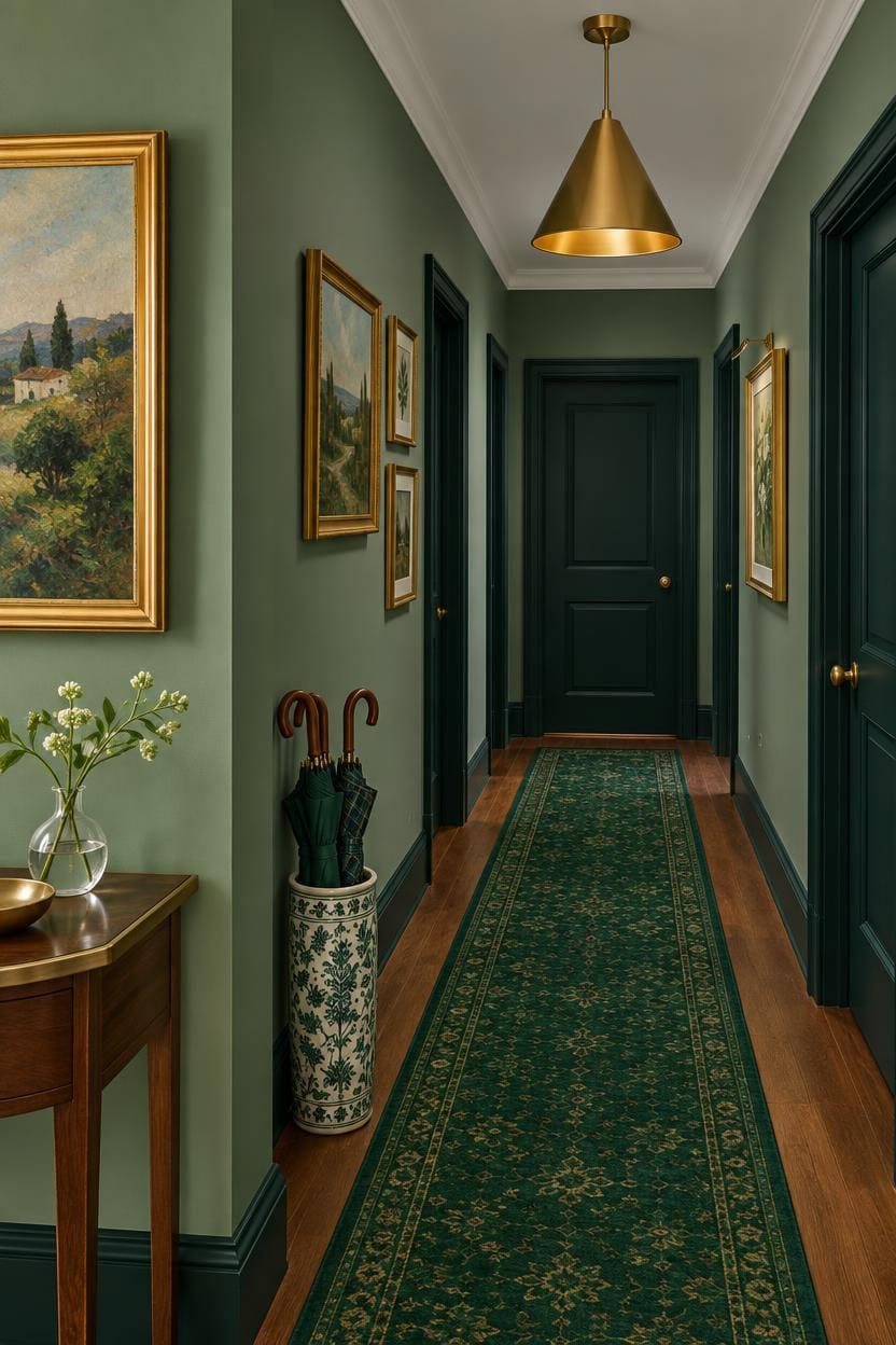 Stylish green hallway with artwork and a green runner rug at Apartment ABC.