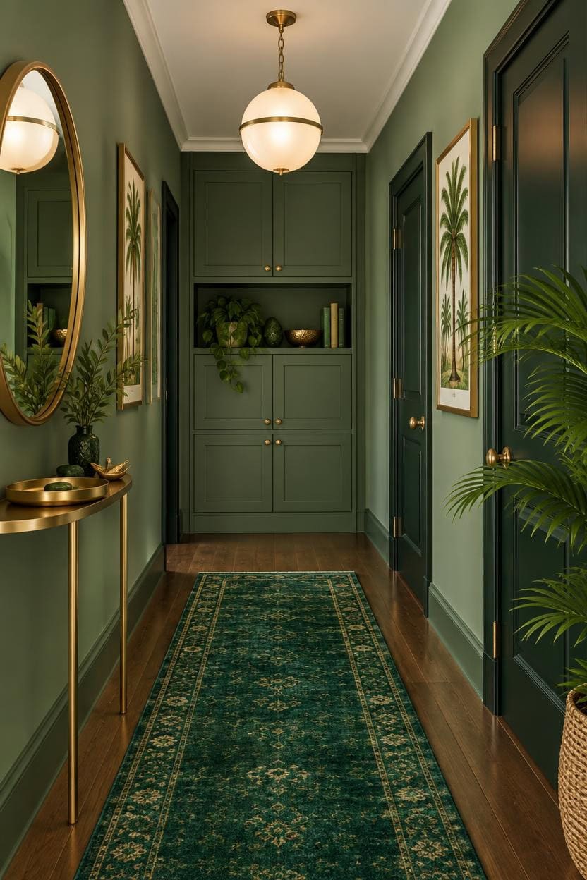 Stylish green hallway with artwork, plants, and a runner rug.