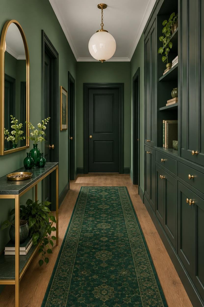Stylish green hallway with built-in cabinets and a runner rug.
