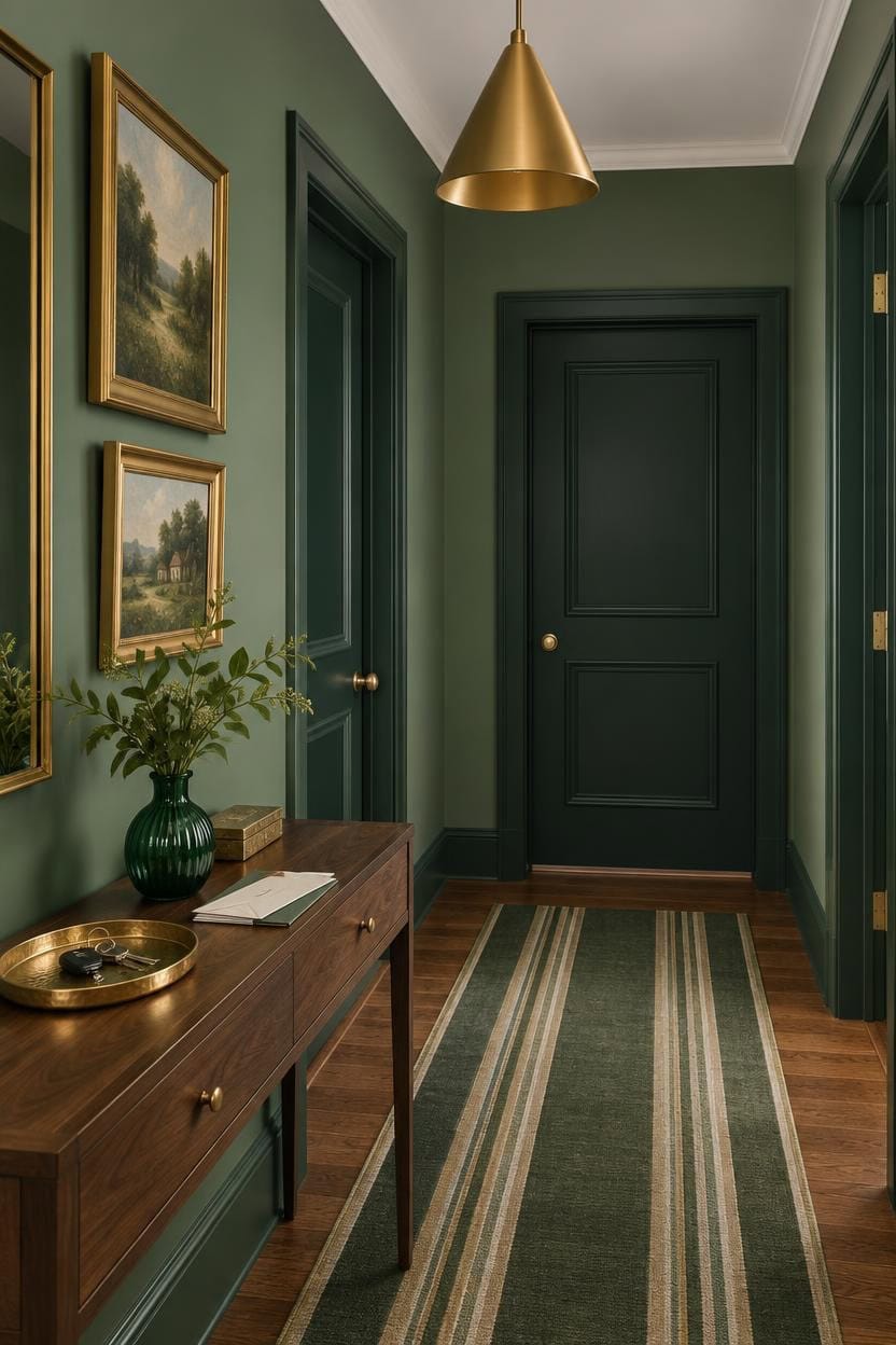 Stylish green hallway with framed landscape paintings and a wooden console table.