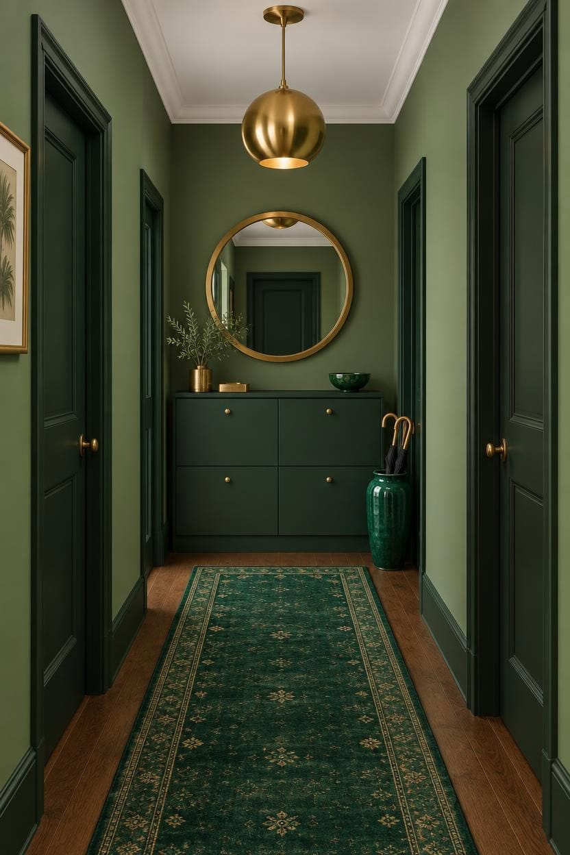 emerald hued hallway with brass