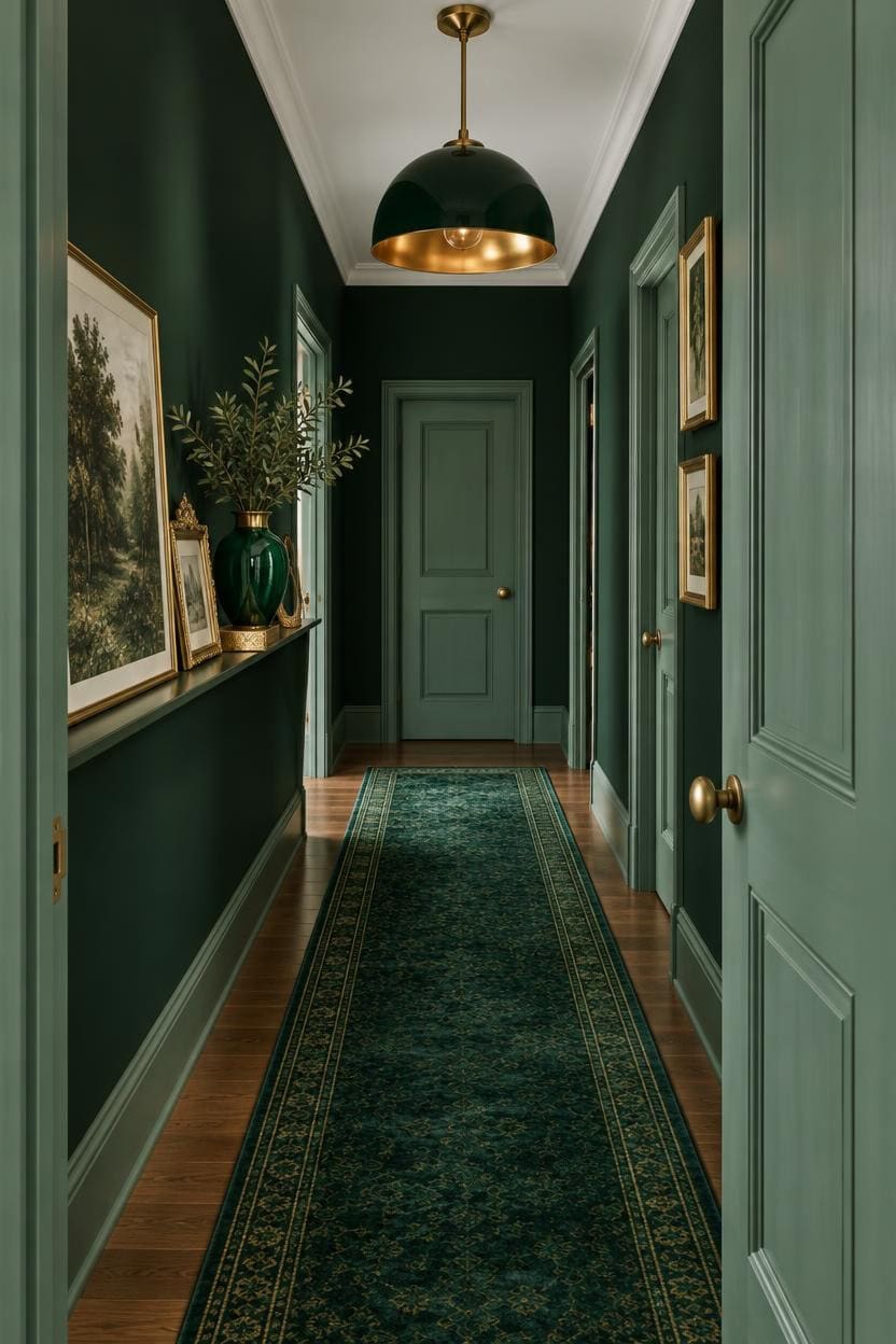 Stylish green hallway with artwork, plants, and a gold pendant light.