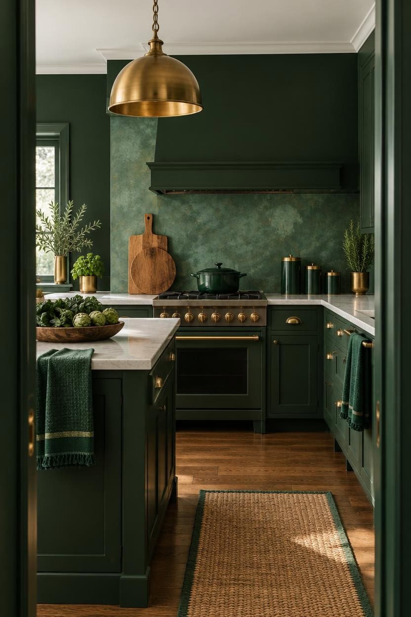 Stylish green kitchen with gold pendant light and modern decor.
