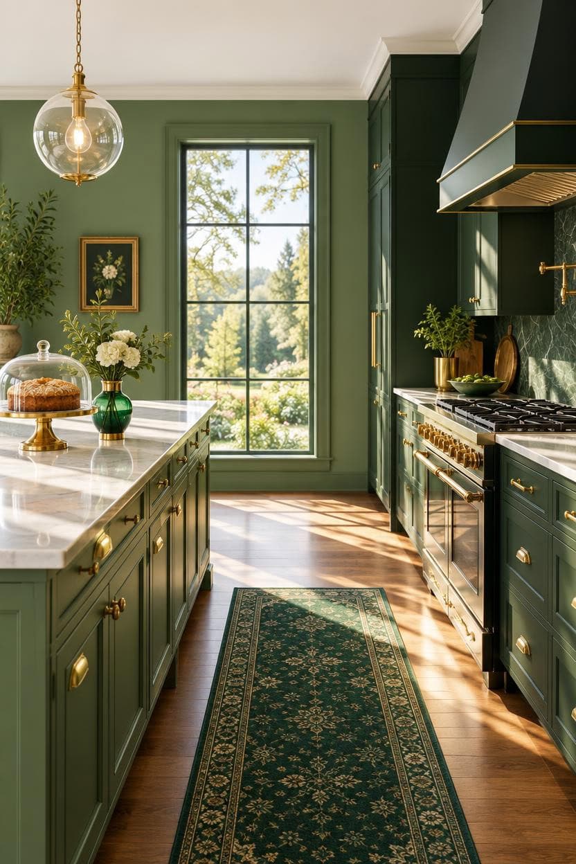 Stylish green kitchen with large window, gold accents, and modern appliances.