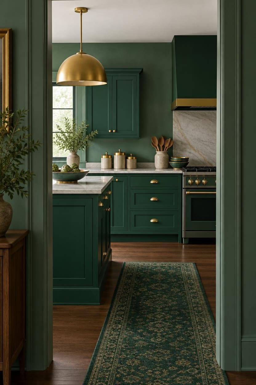 Stylish green kitchen with gold hardware and modern decor.