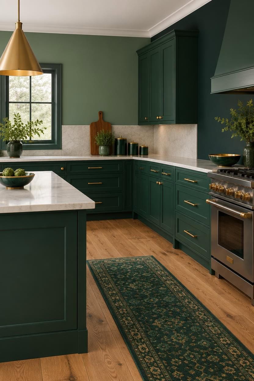 Stylish green kitchen with gold hardware, marble countertops, and stainless steel appliances.