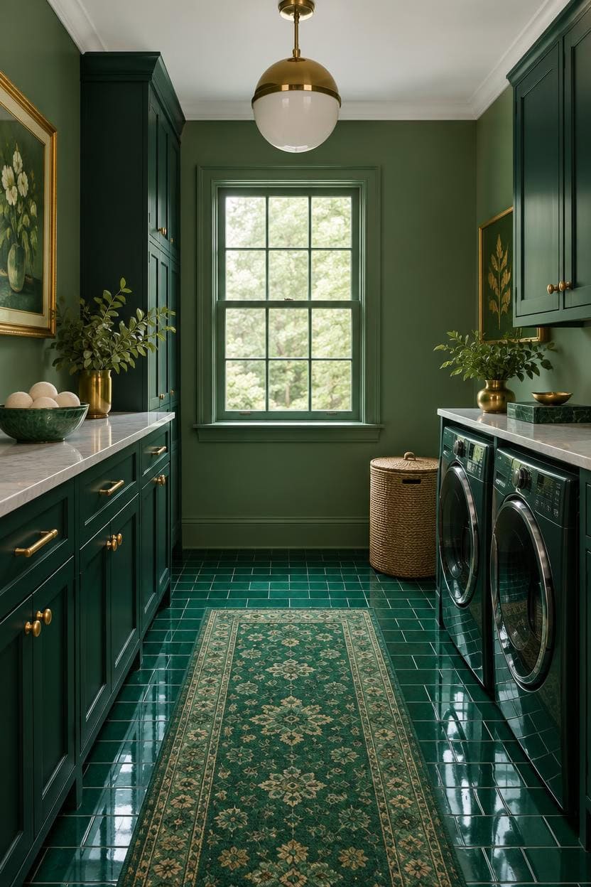 Elegant green laundry room with washer, dryer, and decorative accents.