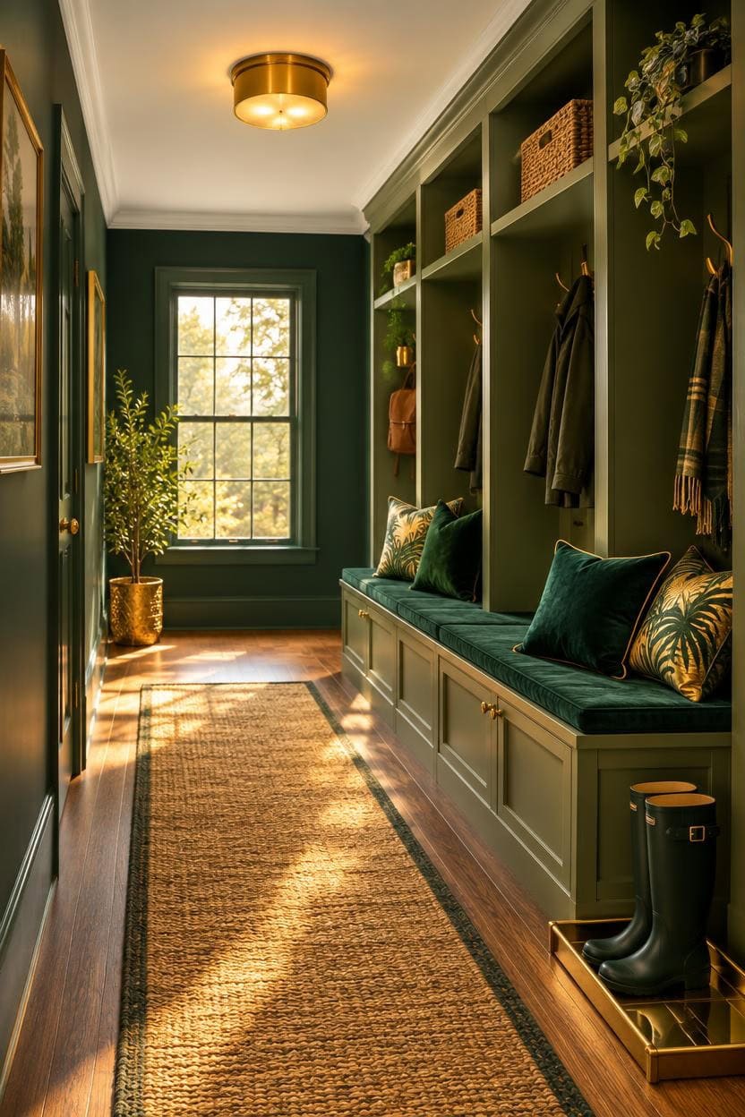Bright mudroom with green built-in storage, window, and decorative accents.