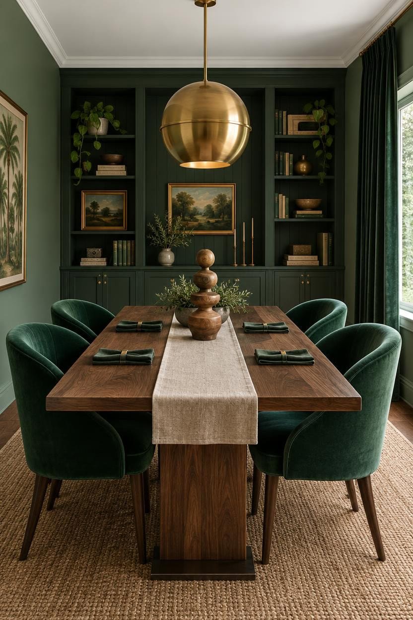 Stylish dining room with green walls, velvet chairs, and gold pendant light.