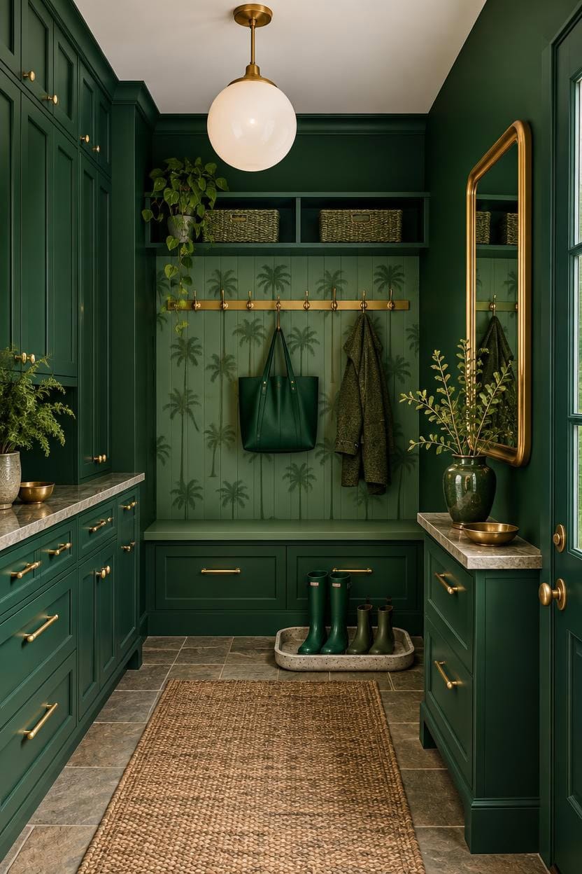 Elegant green mudroom with built-in storage, mirror, and decorative plants.