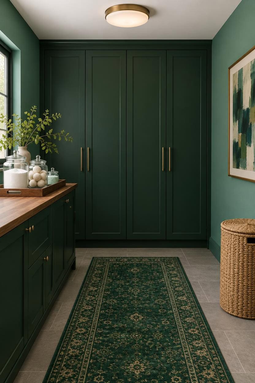 Modern apartment closet with dark green cabinets and gold handles.