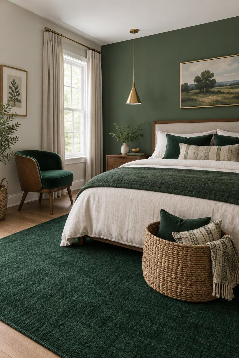 Cozy bedroom with green walls, white bedding, and natural decor elements.